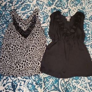 2 silky sleeveless, v-neck blouses